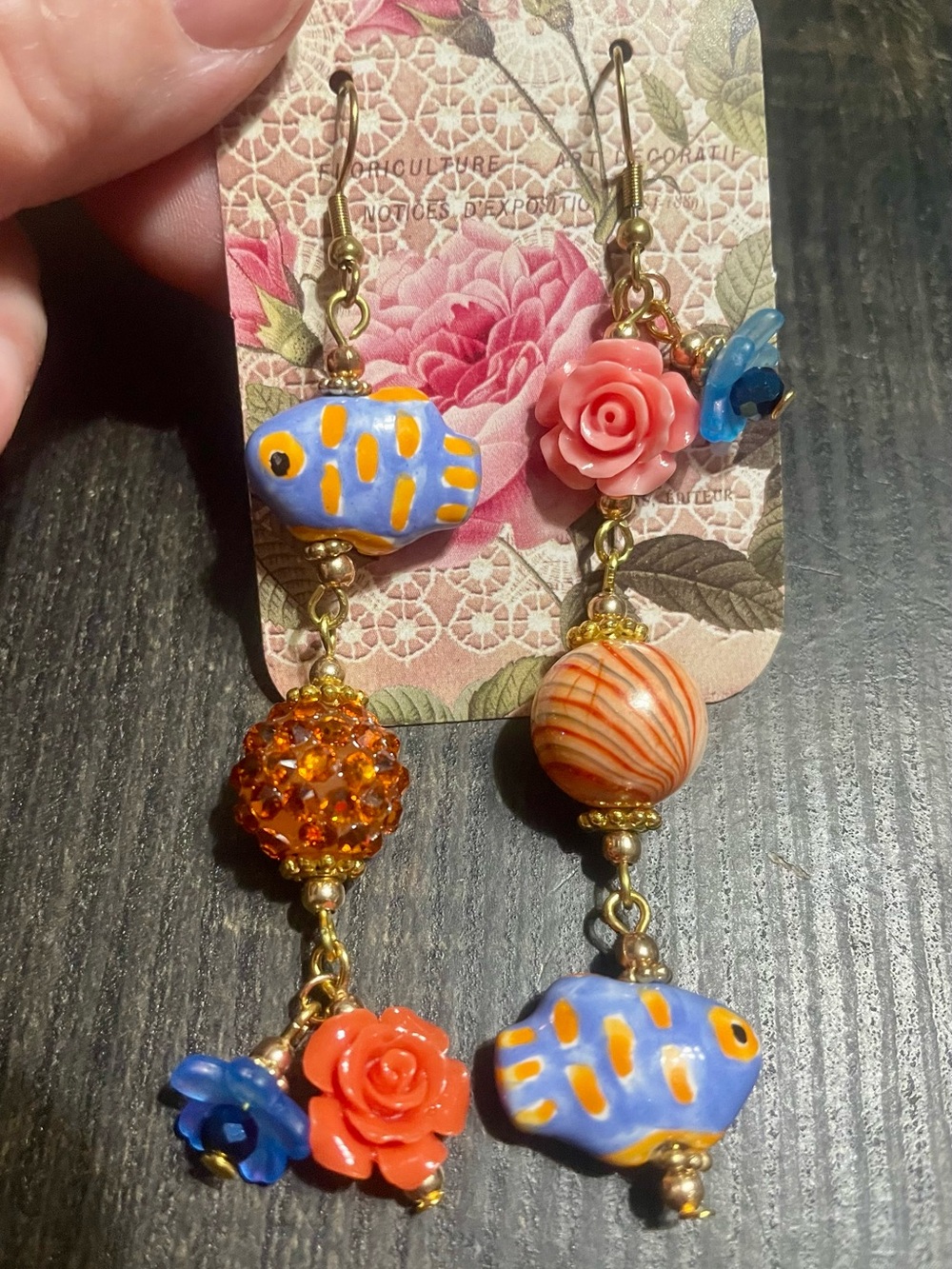 Hand Crafted Playful Fish & Floral Dangle Earrings - Blue, Orange Coral